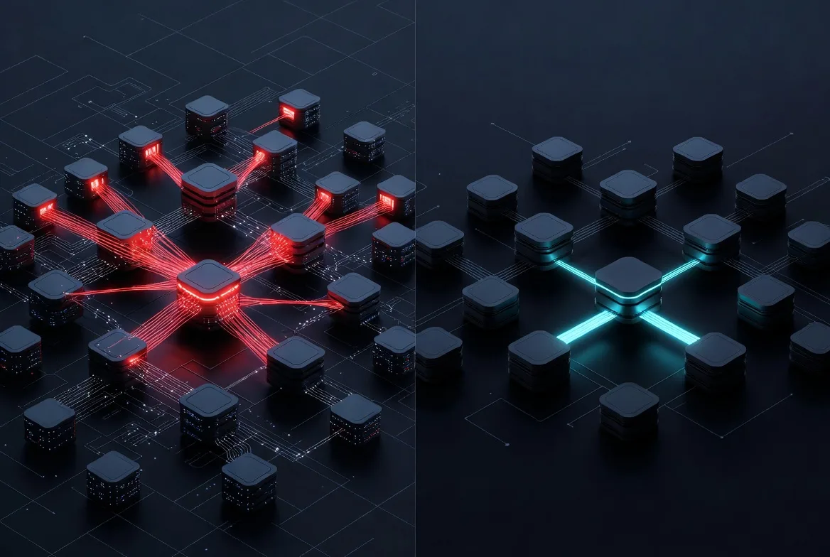 Exposed infrastructure with visible attack surface on the left versus cryptographically dark infrastructure on the right — the core shift from detection to denial